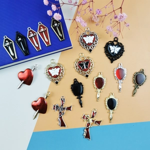 Gothic Halloween DIY Charms Enamel Alloy Coffin Cross Butterfly Heart Mirror Pendants For Jewelry Making Accessories