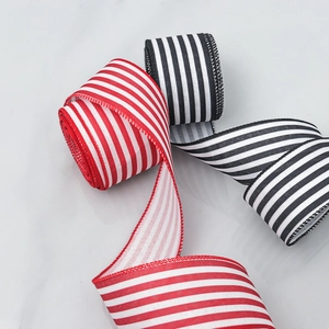 Red and black striped faux linen wired ribbons with diagonal S-curve layout decoration