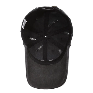 Distressed black cotton baseball cap with vintage frayed holes and metal buckle