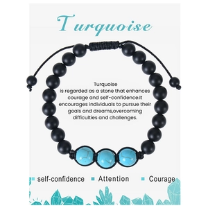 Detail of 8mm matte black beads and three turquoise stones on adjustable braided cord
