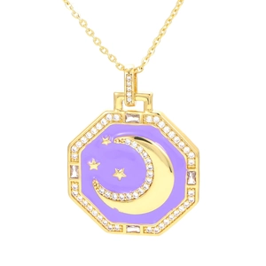 Gold star and moon octagonal pendant necklace with purple enamel and white zircon stones
