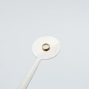 Minimalist silver metal quartz clock hands with gold bushing for watch mechanisms