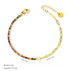 Luxurious gold stainless steel bracelet with colorful zircon stones and oval link chain