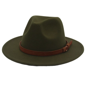 Detailed view of the olive green wool felt fedora with a brown leather belt buckle strap