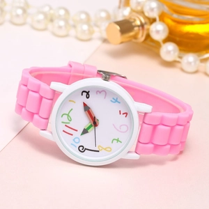 Detail of pink silicone watch strap and creative pencil-shaped clock hands