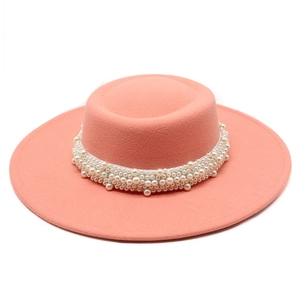 Elegant peach pink flat top wide brim boater hat with pearl embellishments