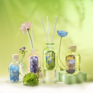 Elegant glass reed diffuser set with fiber sticks for home and bathroom fragrance