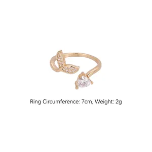 Adjustable fish tail open ring with heart cubic zirconia in gold plated copper