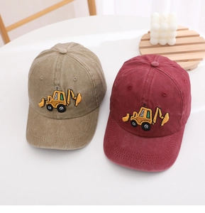 Detailed embroidery of an excavator on khaki and maroon washed cotton baseball caps