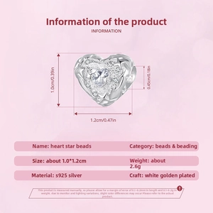 Detail of S925 sterling silver heart charm with zircon and star relief for bracelets