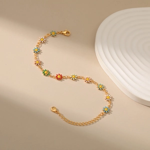 18K gold plated chain bracelet with colorful enamel daisy charms and lobster clasp