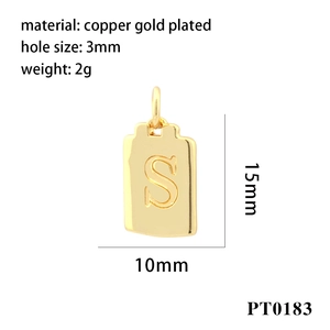 Detailed size specifications for a gold-plated square letter S pendant with 10mm width
