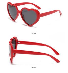 Detailed side and back view of heart-shaped sunglasses with red frames and black lenses