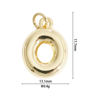 Macro view showing 17.7mm height and 13.1mm width of the golden balloon letter O pendant