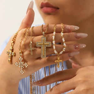 Stainless Steel Cross Pendant Necklace For Women Gold Plated Cubic Zirconia Religious Jewelry Gift Waterproof