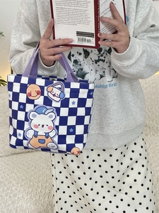 Blue checkered canvas tote bag with cute cartoon bear patch and large capacity