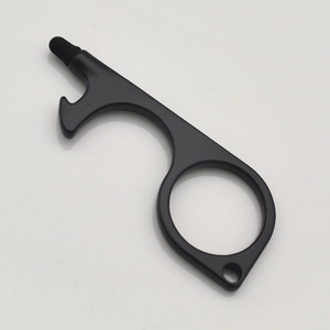 Detail of matte black EDC no-touch door opener tool with stylus tip and bottle opener