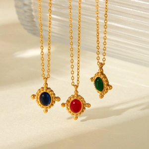 Retro Pendant Necklace Stainless Steel Faux Gemstone Oval Beaded French Style Jewelry For Women Elegant Ins Trend