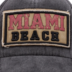 Vintage washed dark gray baseball cap featuring a Miami Beach embroidered patch detail