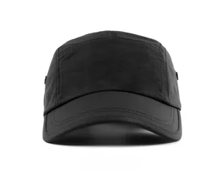 Front view of black five-panel baseball cap in lightweight quick-dry ripstop nylon