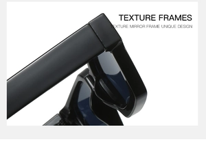 Detail showing the textured glossy black square frame and hinge of the modern sunglasses