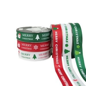 Polyester Christmas ribbons in red, green, and white with Merry Christmas patterns