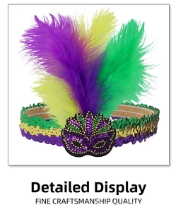 Macro detail of Mardi Gras feather headband featuring purple green gold sequins and mask