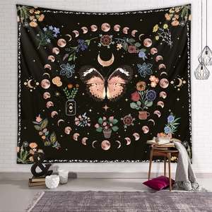 Bohemian butterfly wall tapestry with moon phases and floral art for room decor
