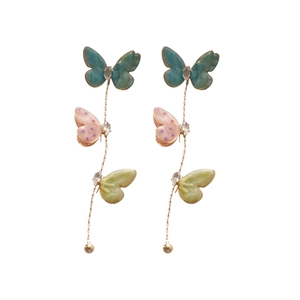 Three linked butterfly tassel earrings with colorful enamel and zircon crystals
