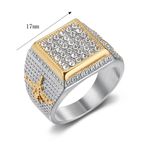 Men's hip hop square ring with iced-out crystals and 17mm gold-plated relief band