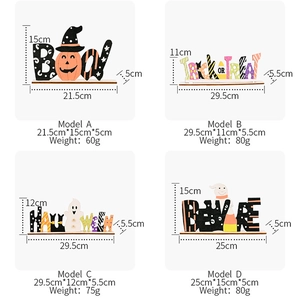 Detailed size and weight specifications for wooden Halloween tabletop ornaments