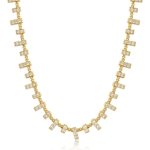 Elegant gold Y-shaped necklace with rectangular zircon pendants on white background