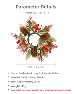 Détail d'une couronne de Noël de 25cm avec pommes de pin, baies et guirlande lumineuse
