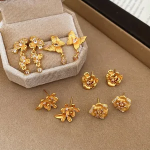 24K gold plated flower and butterfly stud earrings set with sparkling zircon stones