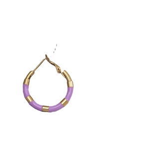 Fashionable titanium steel hoop earrings with gold finish and purple enamel segments