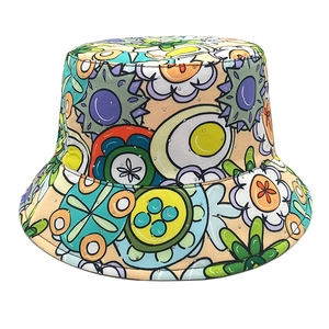 Close-up of floral bucket hat featuring colorful sunflower prints and small rhinestones