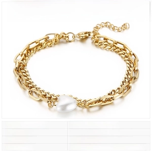 Double-layer golden stainless steel chain bracelet with white heart shell pendant 175x3mm