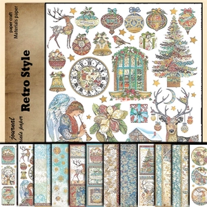 Detailed retro Christmas scrapbooking paper with vintage deer and clock patterns