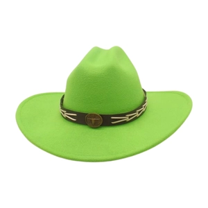 Vibrant green wide brim wool jazz cowboy hat with steer head leather band detail