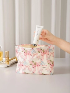 Pink bow pattern cotton makeup bag set for large capacity skincare storage