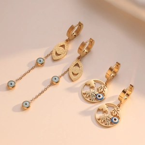Evil Eye Stainless Steel Earrings For Women Gold Plated Hollow Leaf Dangle Hoop Jewelry Fashion Accessories