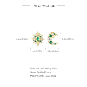 Detailed size chart of 925 sterling silver star and moon earrings with gold finish