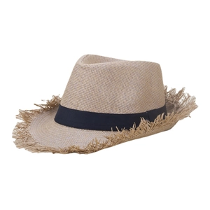 Chapeau fedora en paille beige clair avec bords effilochés et ruban noir pour l'été