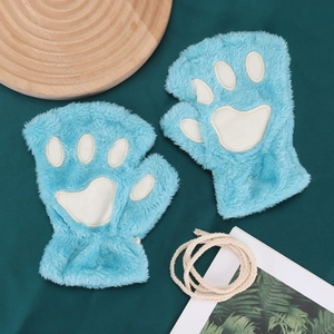 Close-up of light blue plush cat paw fingerless gloves with soft faux fur texture