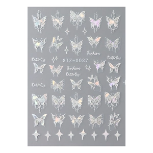 3D laser silver holographic butterfly nail stickers with star patterns for manicures