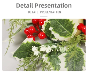 Close-up of artificial red holly berries and green leaves for Christmas candle rings