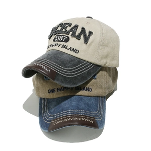 Retro washed cotton baseball caps with OCEAN embroidery and contrast leather brim