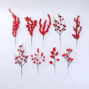 Artificial Red Berry Stems Plastic Foam Holly Berries Branches For Christmas New Year Home Decor Wedding Flower Arrangement