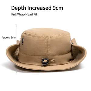 Khaki quick-dry wide brim fishing hat for outdoor sun protection with adjustable drawstring