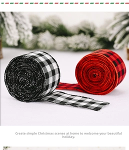 Close-up of Christmas buffalo plaid fabric ribbons in red and black for DIY holiday decor